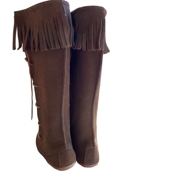 Vtg Minnetonka Womens US 7 Brown Suede Knee-High Lace-Up Fringe Moccasin Boots - Picture 5 of 8